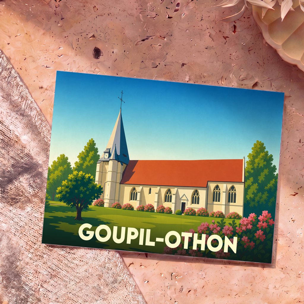 Carte postale souvenir de la ville de Goupil-Othon avec une illustration stylisée de son église.