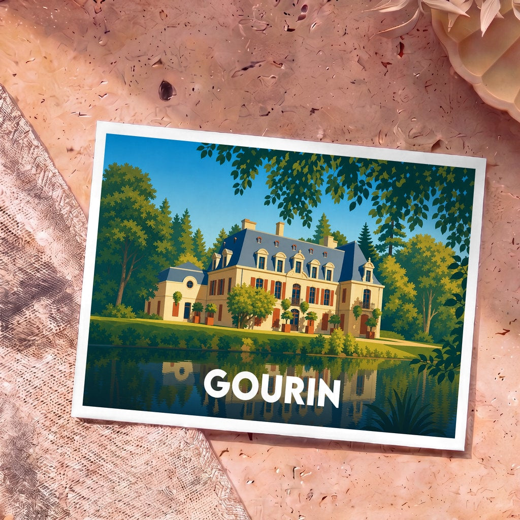 Carte postale souvenir de la ville de Gourin illustrant un château majestueux se reflétant dans l'eau.