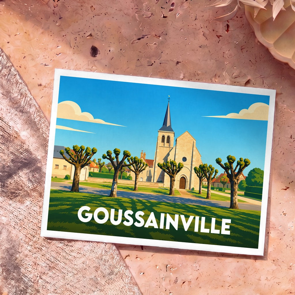 Carte postale souvenir de la ville de Goussainville avec une illustration stylisée d'une église et de platanes.