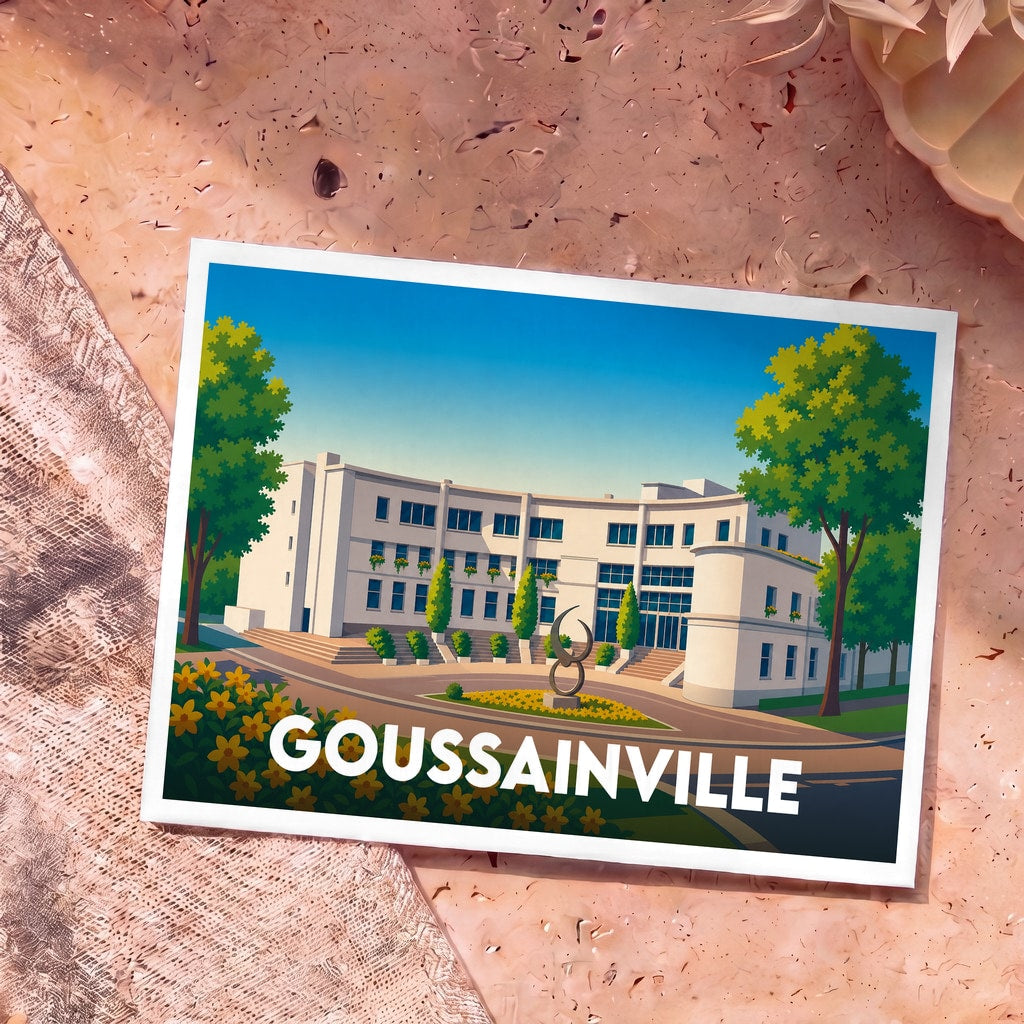Carte postale souvenir de la ville de Goussainville avec une illustration stylisée de son hôtel de ville.