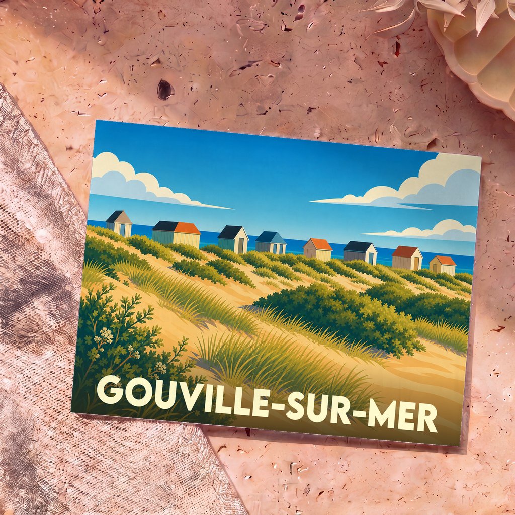 Carte postale souvenir de la ville de Gouville-sur-Mer illustrant ses cabines de plage colorées dans les dunes.