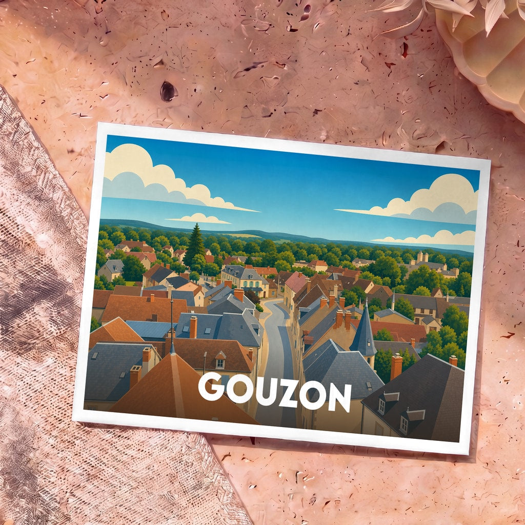 Carte postale souvenir de la ville de Gouzon illustrant une vue aérienne stylisée de ses toits.