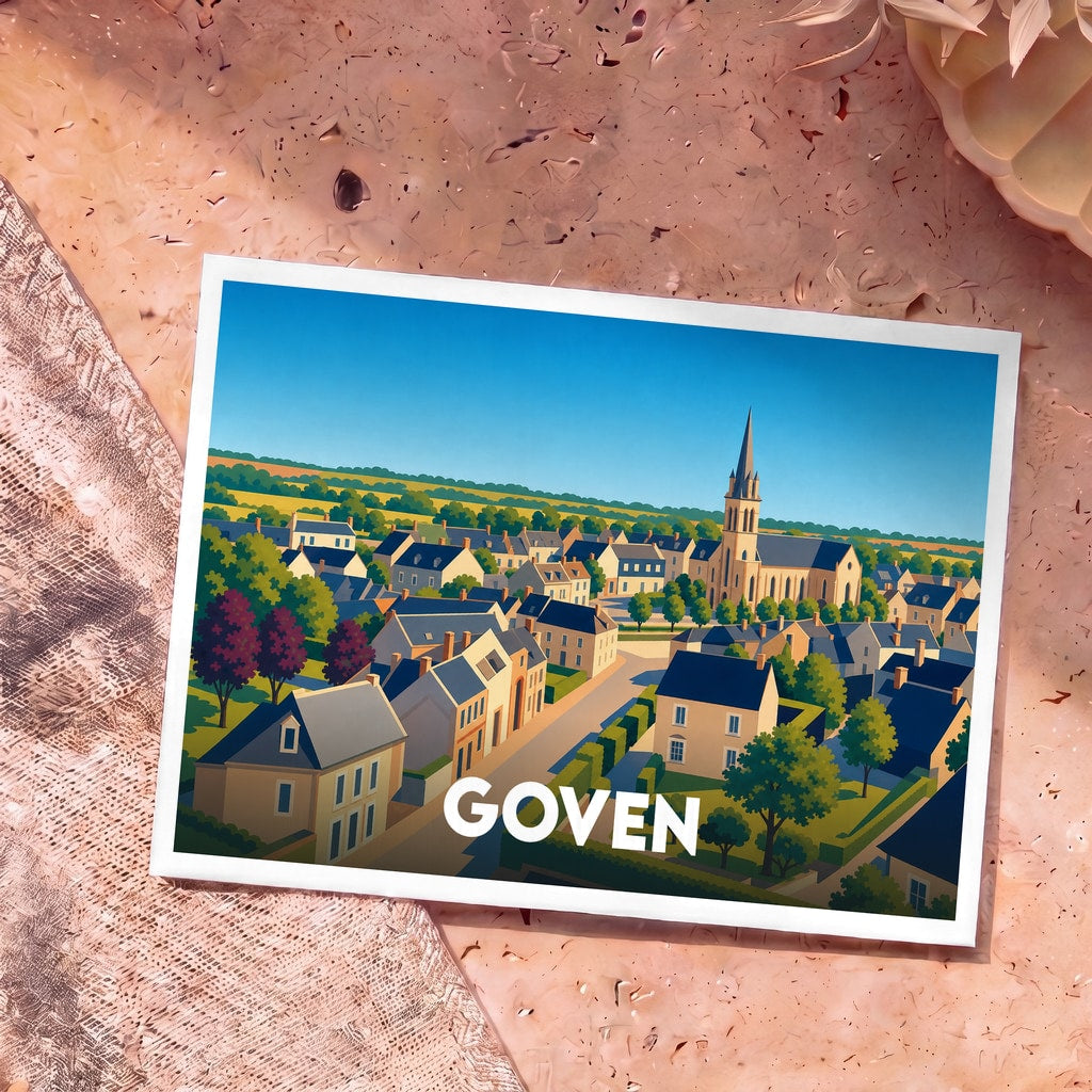 Carte postale souvenir de la ville de Goven avec une illustration stylisée et colorée.
