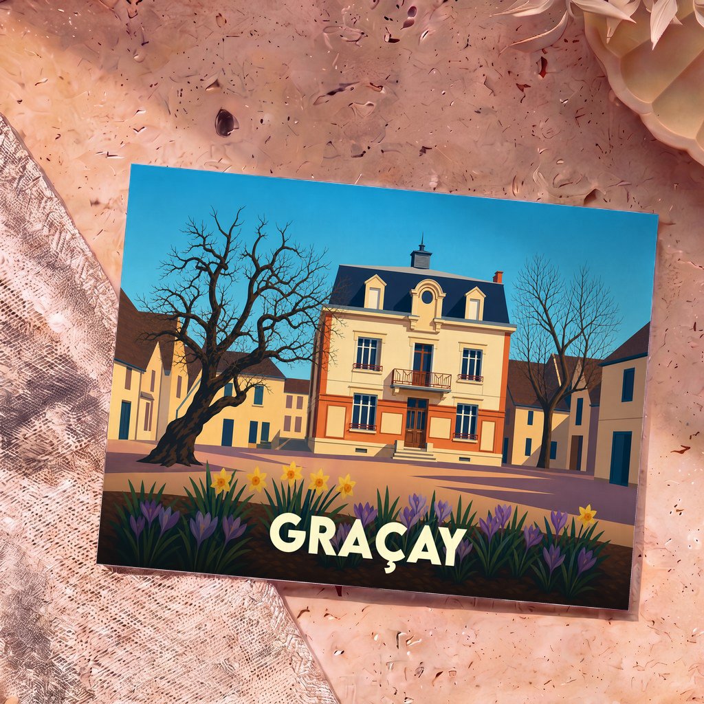 Carte postale souvenir de la ville de Graçay avec une illustration stylisée d'une demeure bourgeoise et de fleurs printanières.