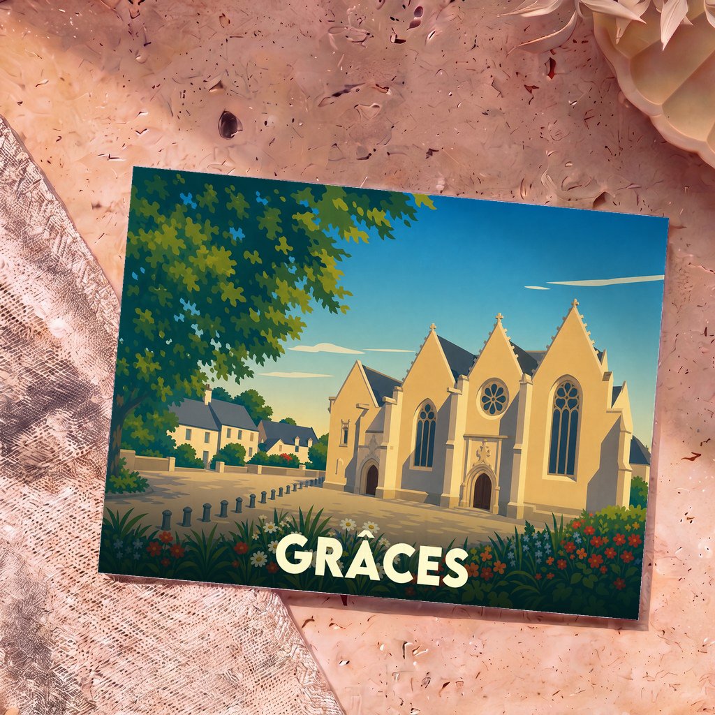Carte postale souvenir de la ville de Grâces avec une illustration stylisée de son église sous un ciel bleu.