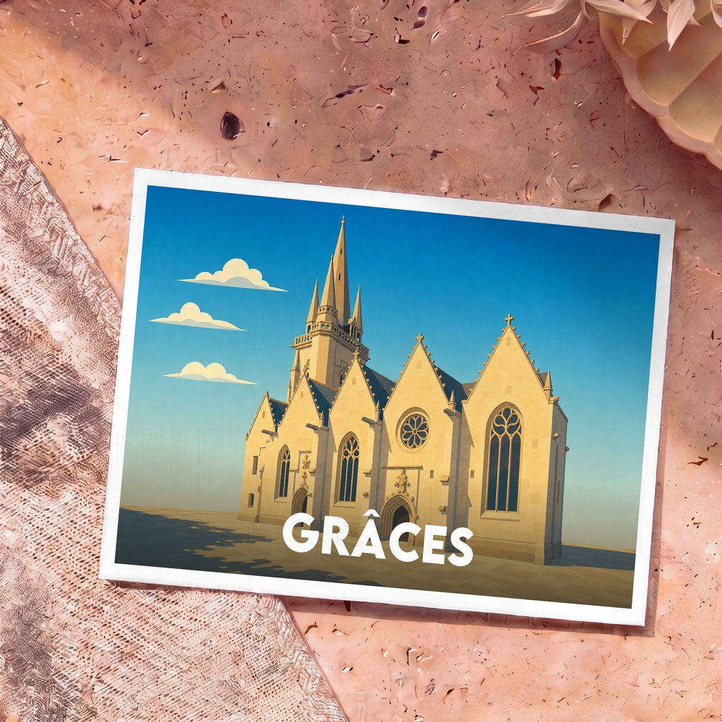 Carte postale souvenir de la ville de Grâces illustrant son église dans un style graphique épuré.