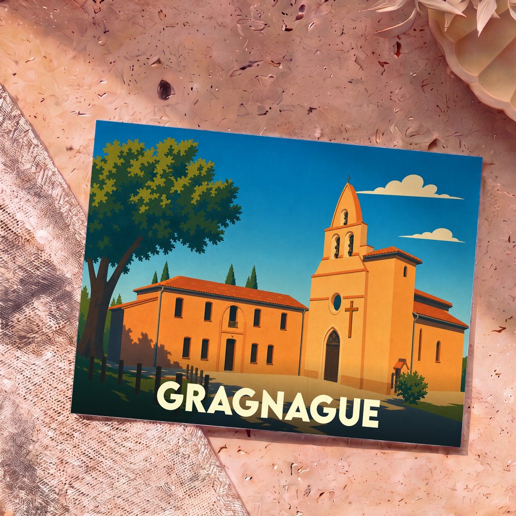 Carte postale souvenir de la ville de Gragnague avec une illustration stylisée de son église et d'un bâtiment attenant sous un ciel bleu.
