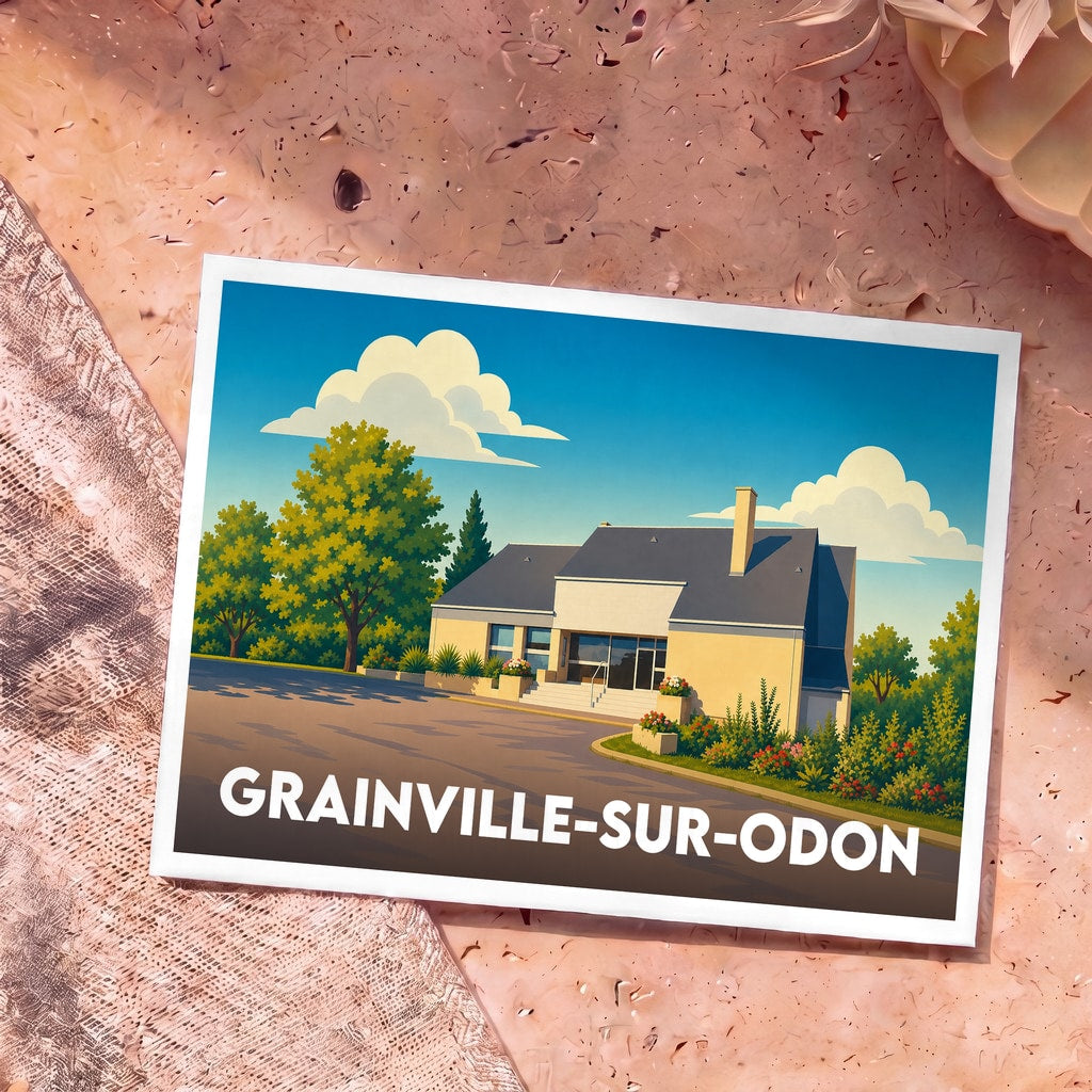 Carte postale souvenir de Grainville-sur-Odon illustrant un bâtiment de la commune dans un style graphique épuré.