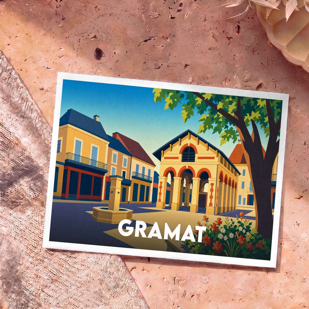 Carte postale souvenir de la ville de Gramat avec une illustration stylisée de sa place du marché et de ses halles.