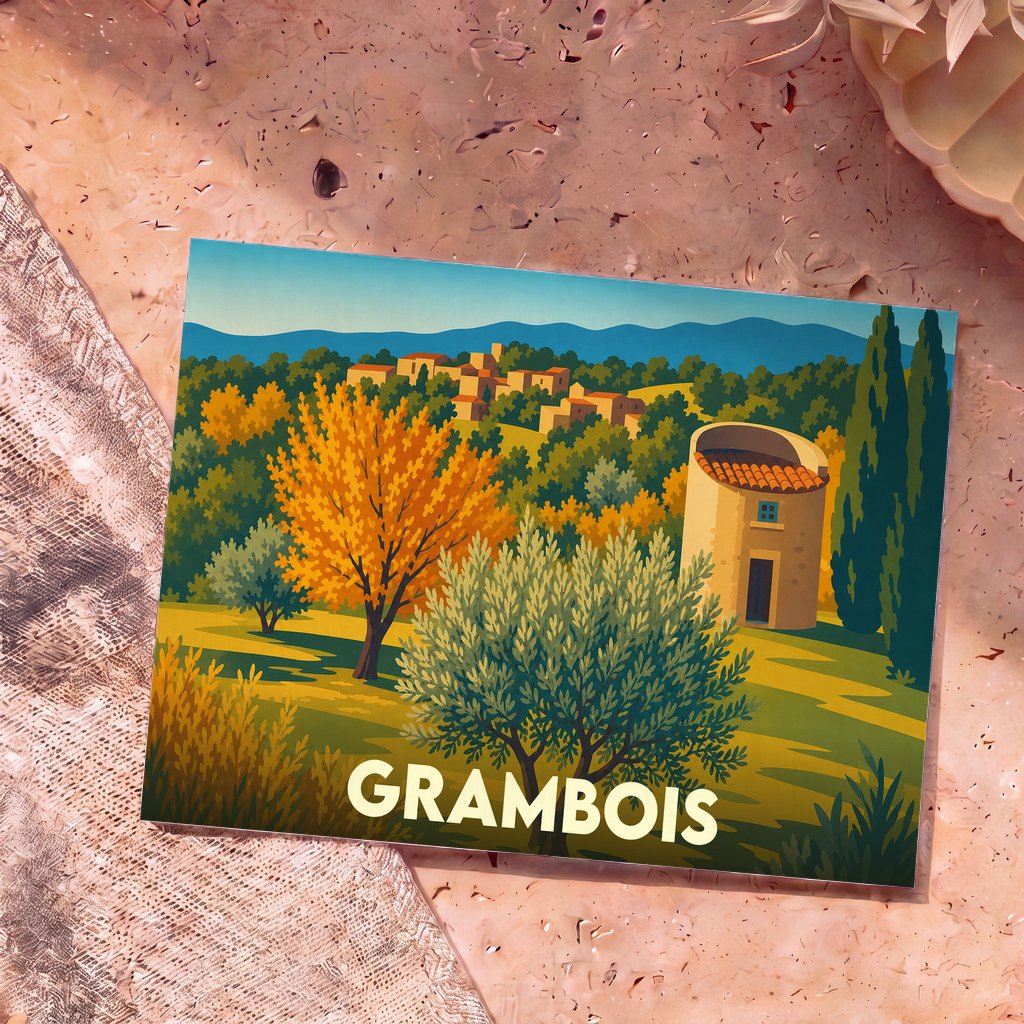 Carte postale souvenir de la ville de Grambois avec une illustration stylisée de paysages provençaux.