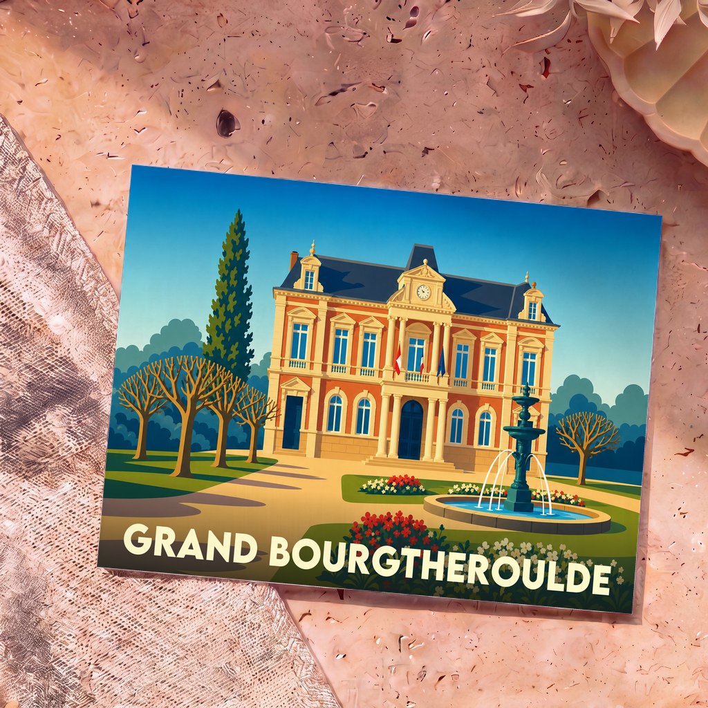 Carte postale souvenir de la ville de Grand Bourgtheroulde avec une illustration stylisée de son hôtel de ville et d'une fontaine.