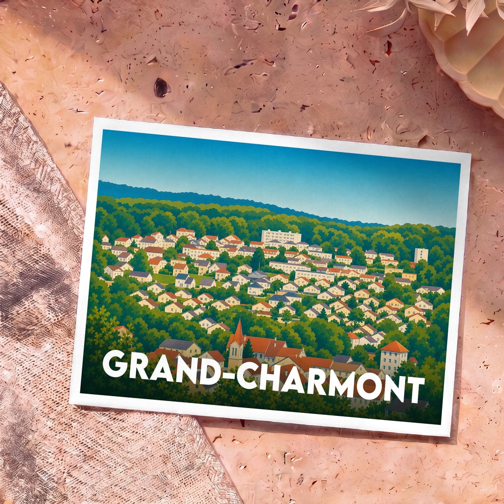 Carte postale souvenir de la ville de Grand-Charmont avec une illustration stylisée et colorée.