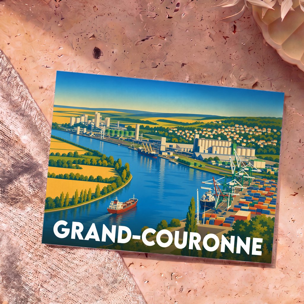 Carte postale souvenir de la ville de Grand-Couronne avec une illustration stylisée de son port industriel et de la Seine.