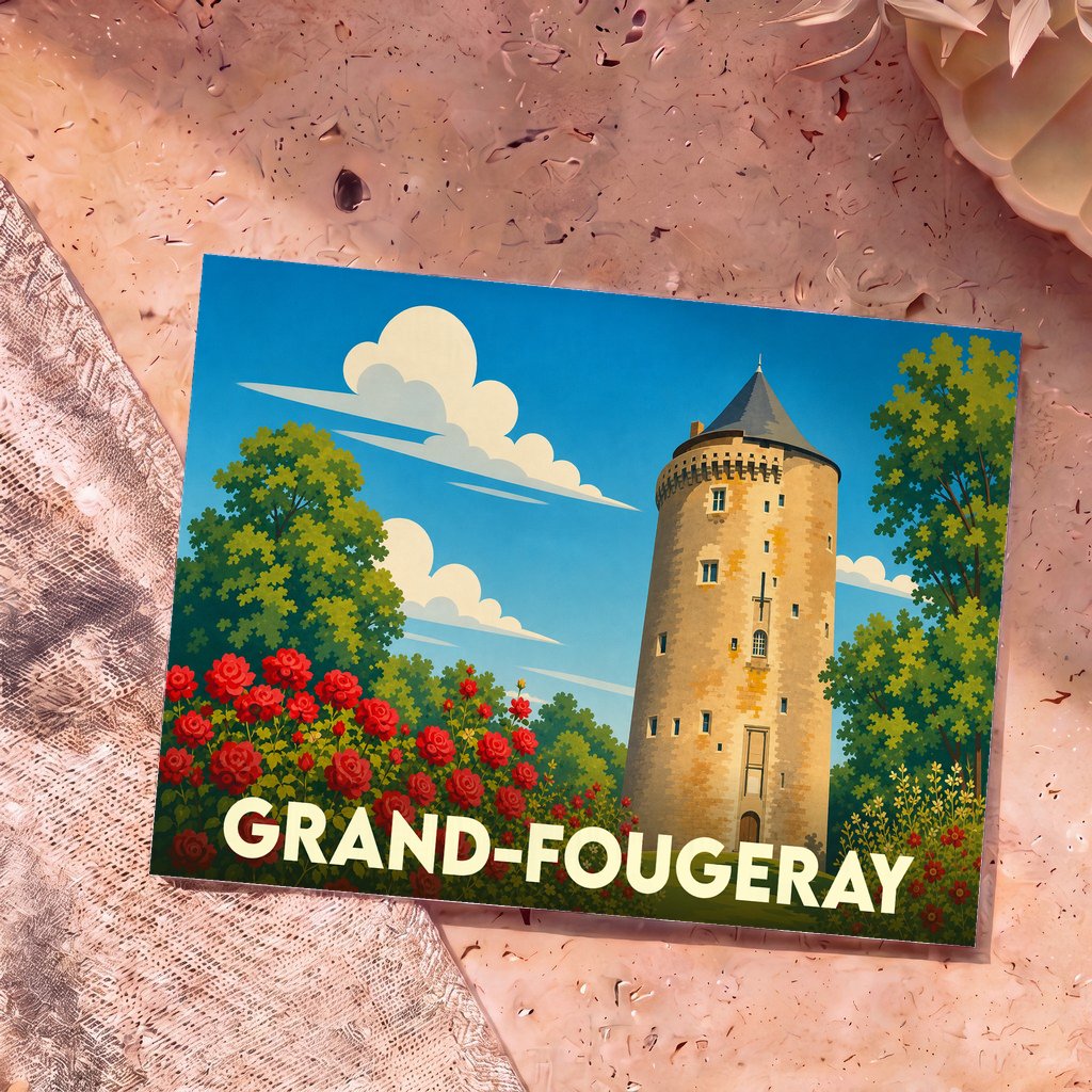 Carte postale souvenir de la ville de Grand-Fougeray avec une illustration stylisée de la tour Duguesclin.