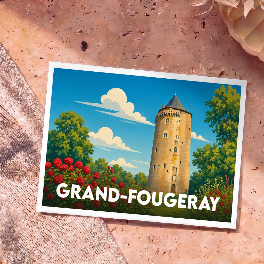 Carte postale souvenir de la ville de Grand-Fougeray avec une illustration stylisée de la tour Duguesclin.