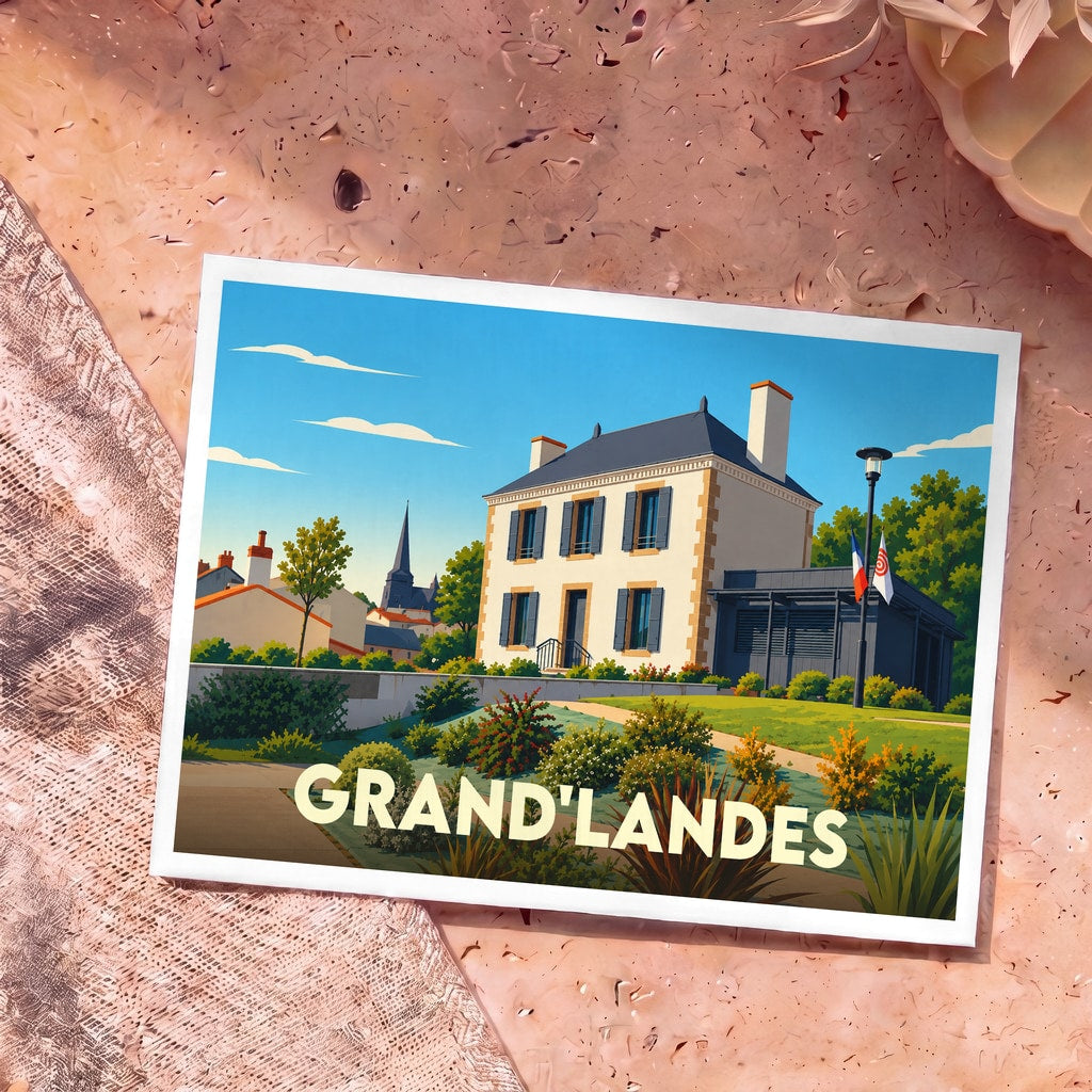 Carte postale souvenir de la ville de Grand'Landes avec une illustration stylisée d'une maison traditionnelle vendéenne.