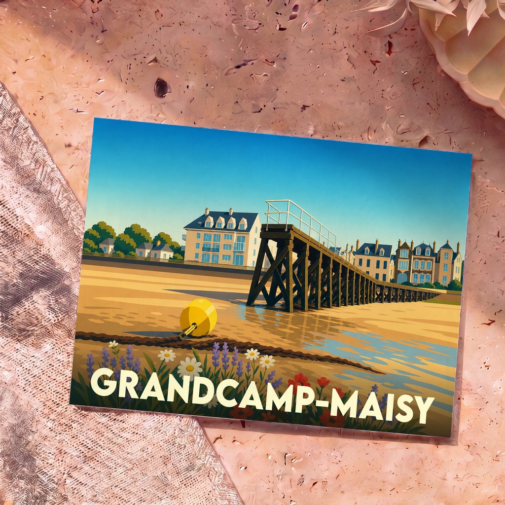 Carte postale souvenir de Grandcamp-Maisy arborant une illustration stylisée de son front de mer.