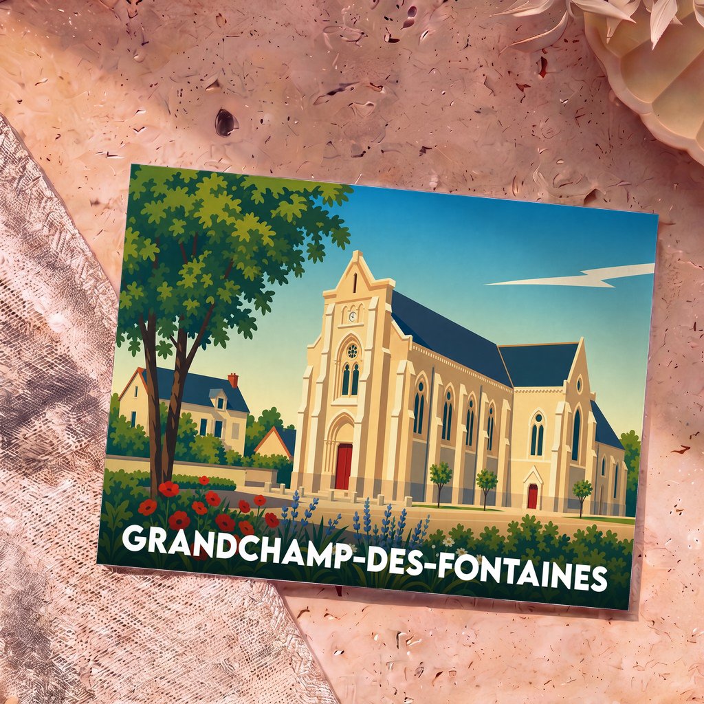 Carte postale souvenir de la ville de Grandchamp-des-Fontaines avec une illustration stylisée de son église.