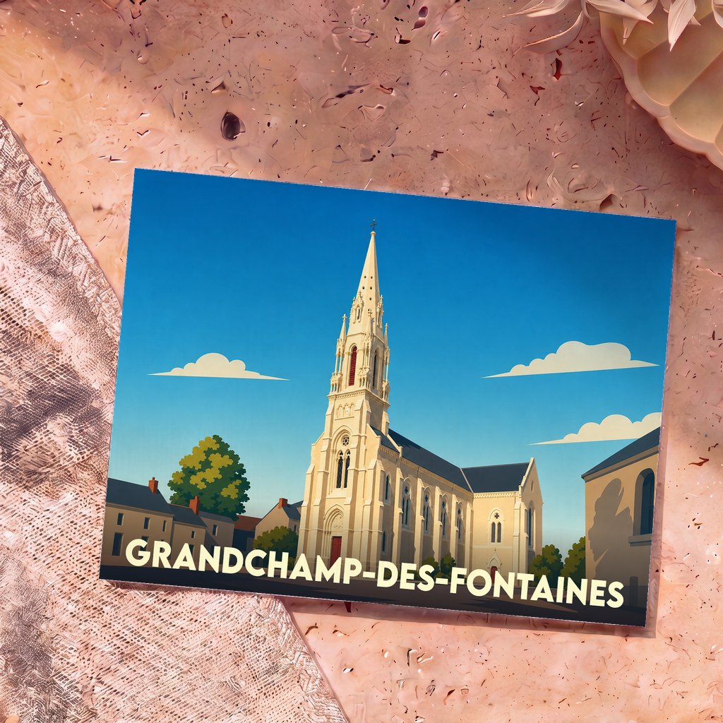 Carte postale souvenir de la ville de Grandchamp-des-Fontaines avec une illustration stylisée de son église sous un ciel bleu.