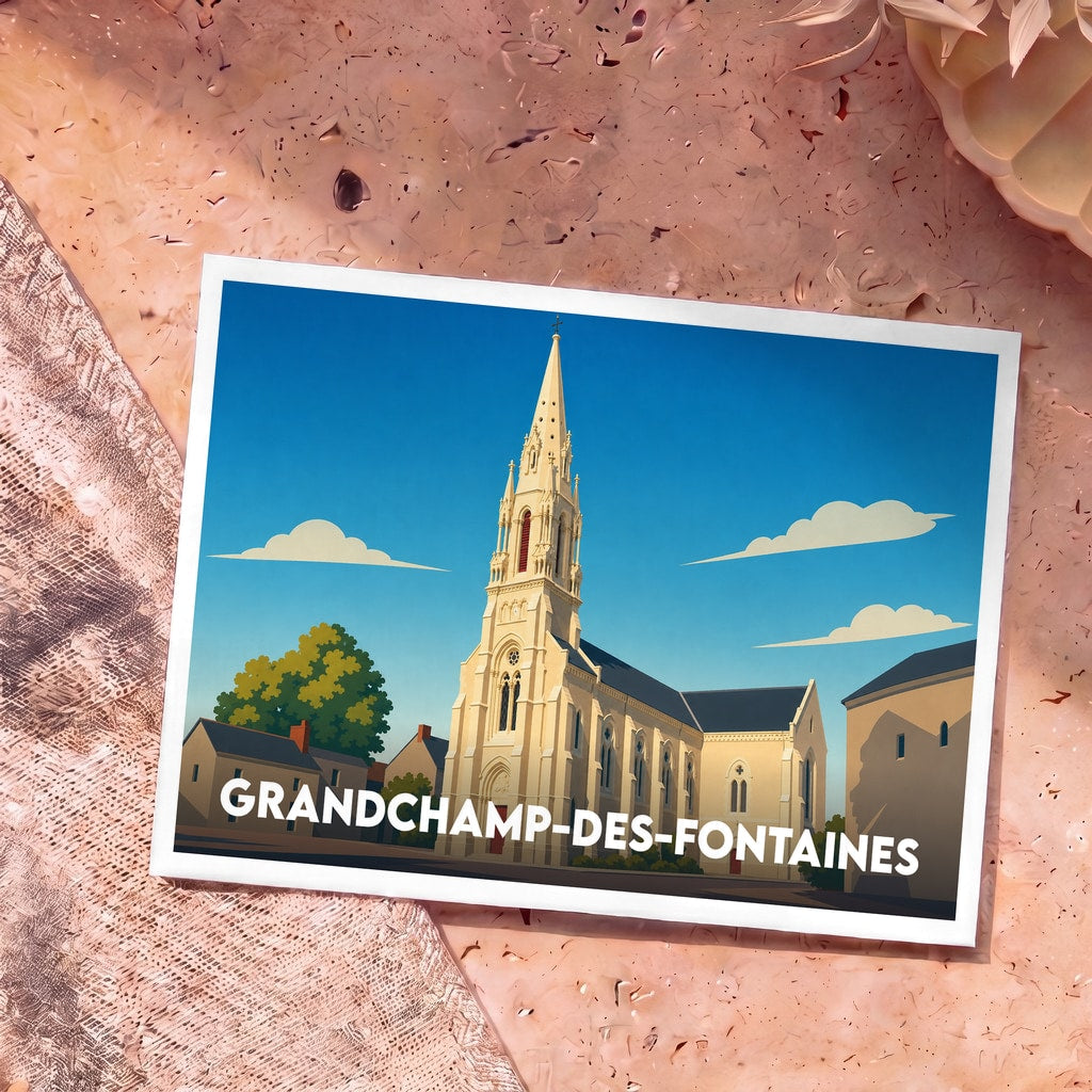 Carte postale souvenir de la ville de Grandchamp-des-Fontaines avec une illustration stylisée de son église sous un ciel bleu.