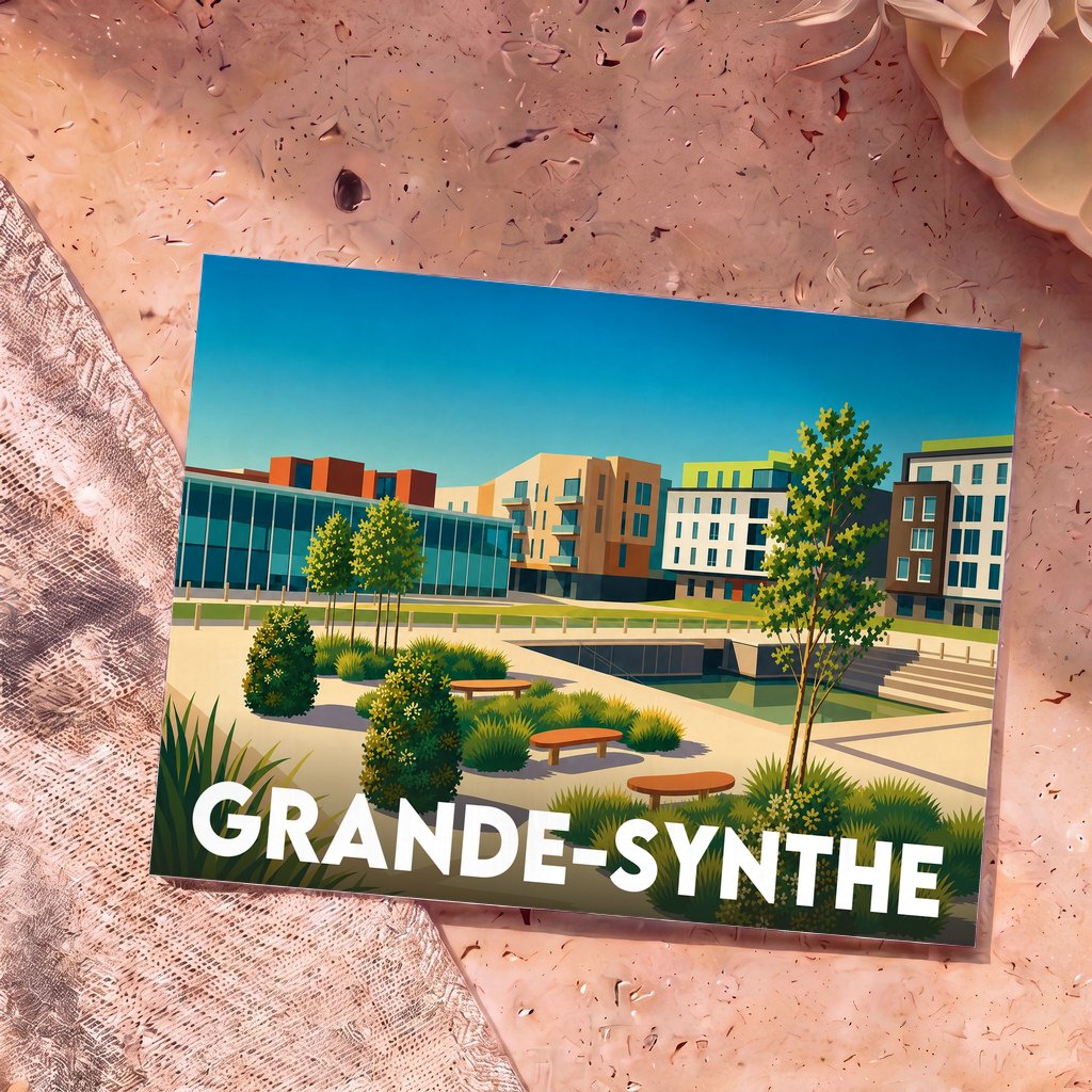 Carte postale souvenir de la ville de Grande-Synthe avec une illustration stylisée d'un quartier moderne et verdoyant.