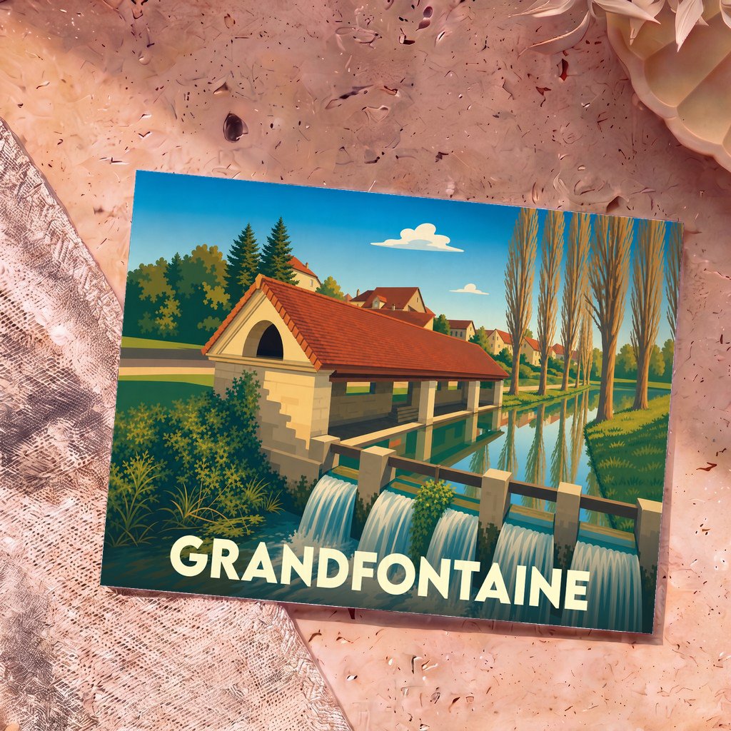 Carte postale souvenir de la ville de Grandfontaine illustrant son lavoir historique avec un style graphique épuré.