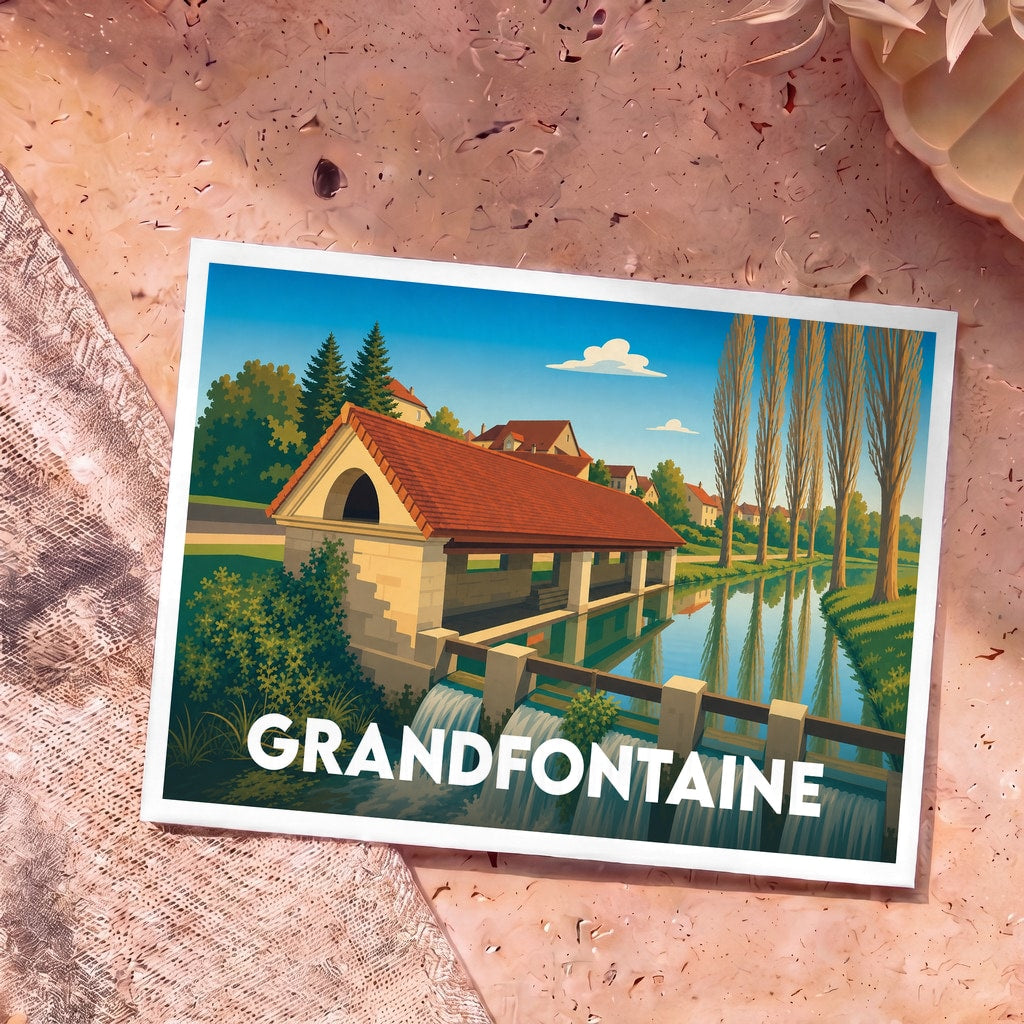 Carte postale souvenir de la ville de Grandfontaine illustrant son lavoir historique avec un style graphique épuré.