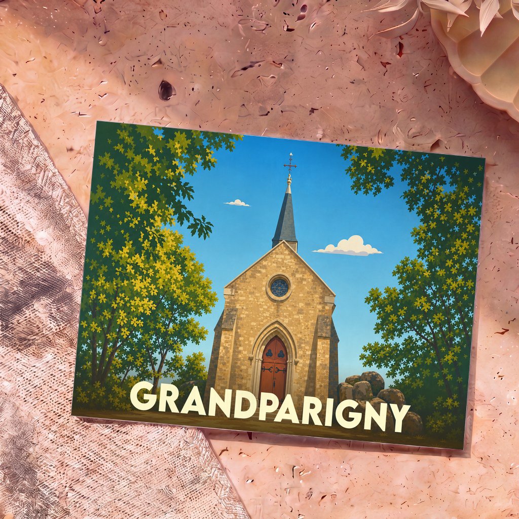 Carte postale souvenir de la ville de Grandparigny illustrant une église pittoresque entourée d'arbres sous un ciel bleu.