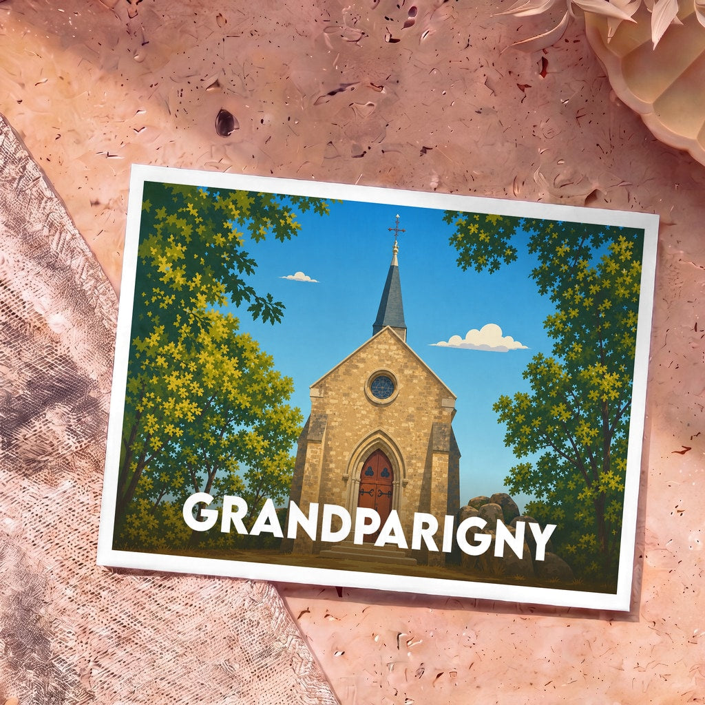 Carte postale souvenir de la ville de Grandparigny illustrant une église pittoresque entourée d'arbres sous un ciel bleu.