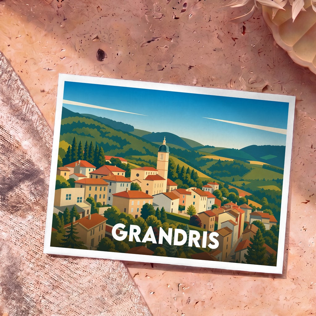 Carte postale souvenir de la ville de Grandris illustrant un village vallonné dans un style graphique épuré.
