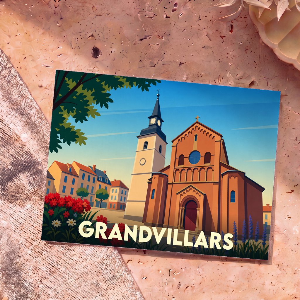 Carte postale souvenir de la ville de Grandvillars avec une illustration stylisée de son église et de son clocher.