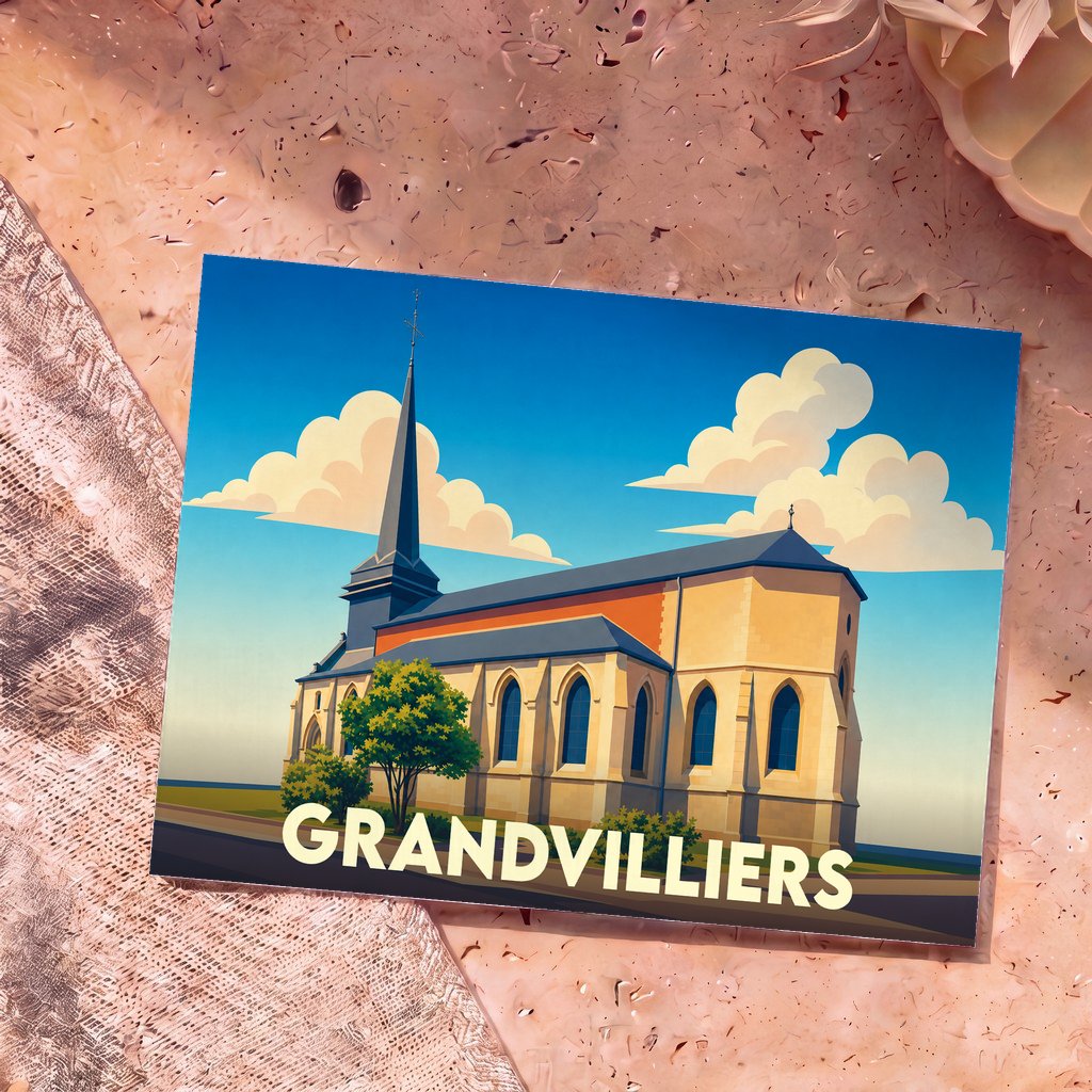 Carte postale souvenir de la ville de Grandvilliers avec une illustration stylisée de son église sous un ciel nuageux.