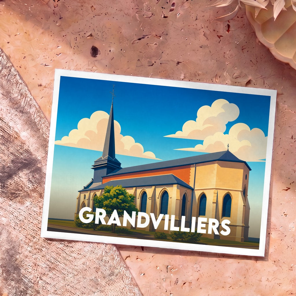 Carte postale souvenir de la ville de Grandvilliers avec une illustration stylisée de son église sous un ciel nuageux.