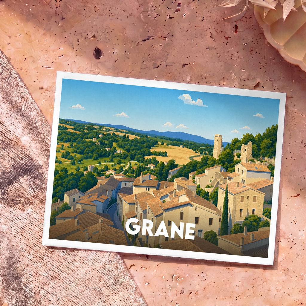 Carte postale souvenir de la ville de Grane avec une illustration stylisée de ses paysages et de son architecture.