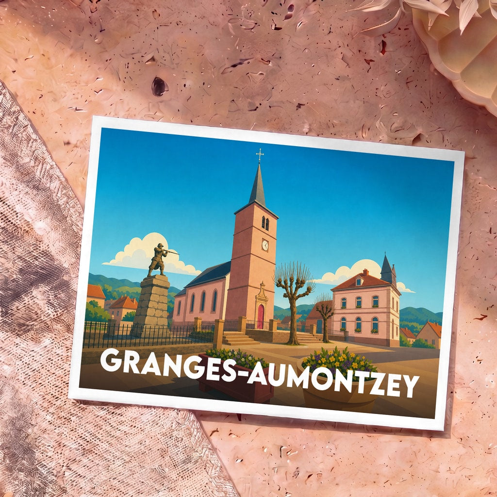 Carte postale souvenir de la ville de Granges-Aumontzey avec une illustration stylisée de son église et de son monument aux morts.