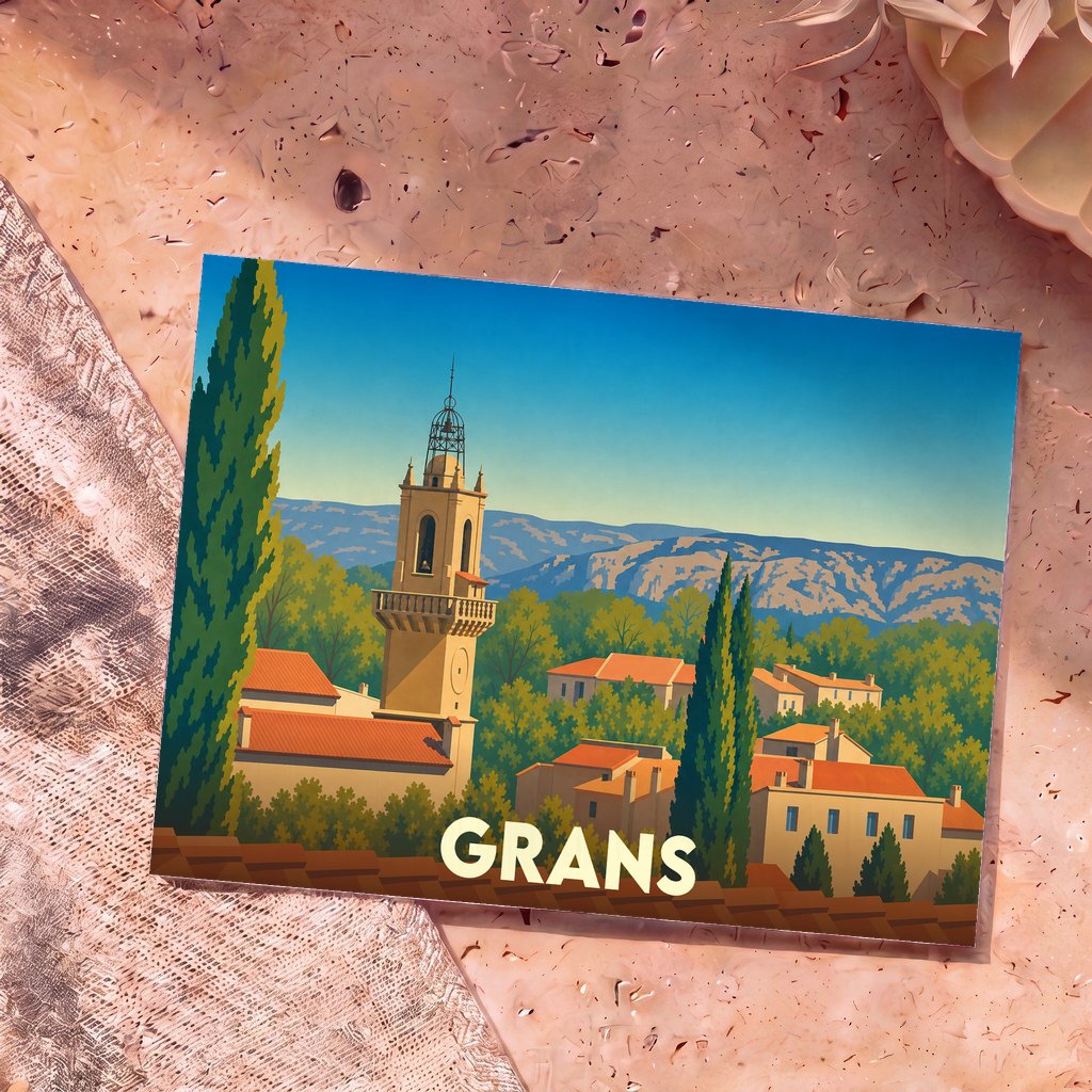 Carte postale souvenir de la ville de Grans avec une illustration stylisée d'un clocher provençal.