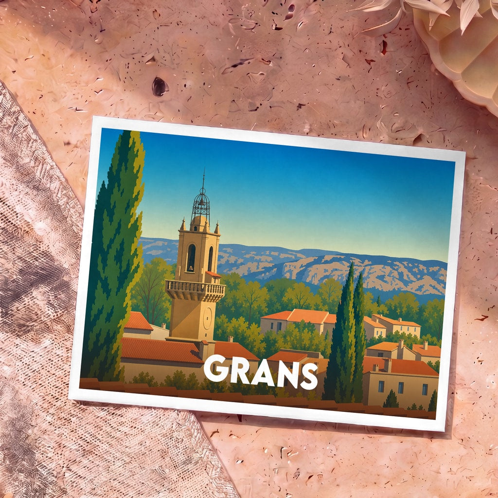 Carte postale souvenir de la ville de Grans avec une illustration stylisée d'un clocher provençal.