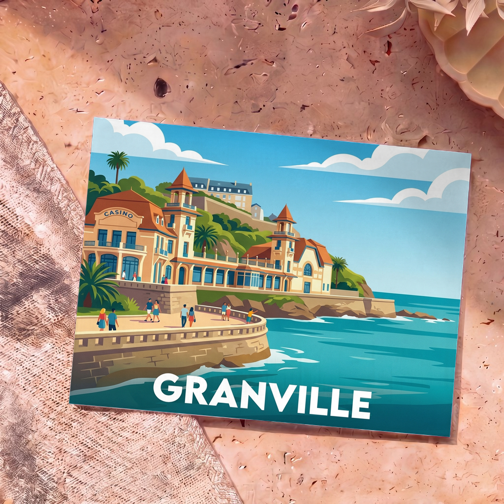 Carte postale souvenir de la ville de Granville avec une illustration stylisée de son front de mer.