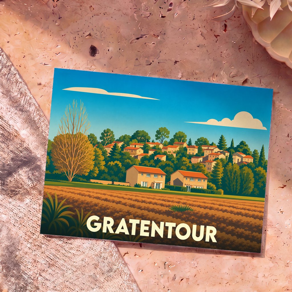 Carte postale souvenir de la ville de Gratentour avec une illustration stylisée d'un village et de champs.
