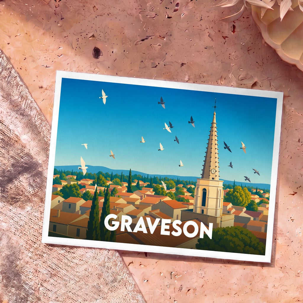 Carte postale souvenir de la ville de Graveson avec une illustration stylisée d'un clocher et de toits provençaux.