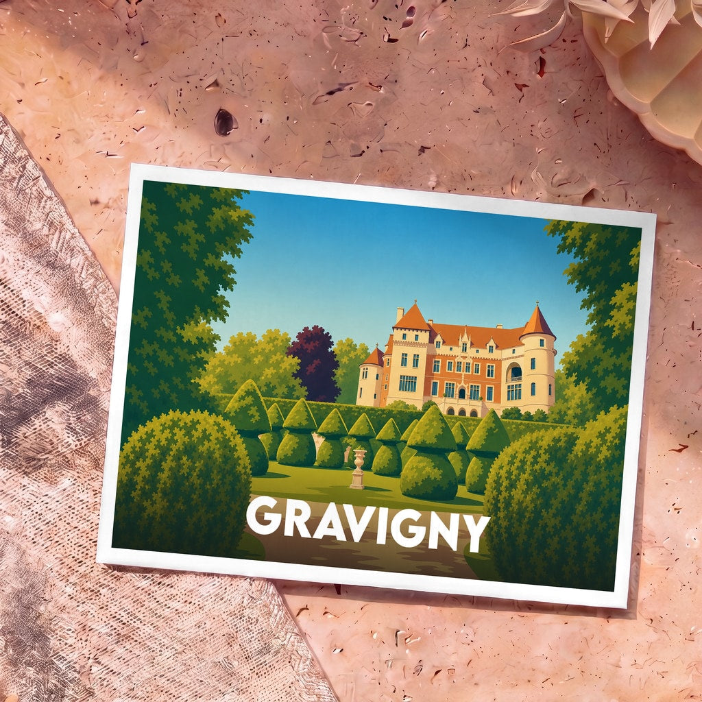 Carte postale souvenir de la ville de Gravigny avec une illustration stylisée de son château et de ses jardins.