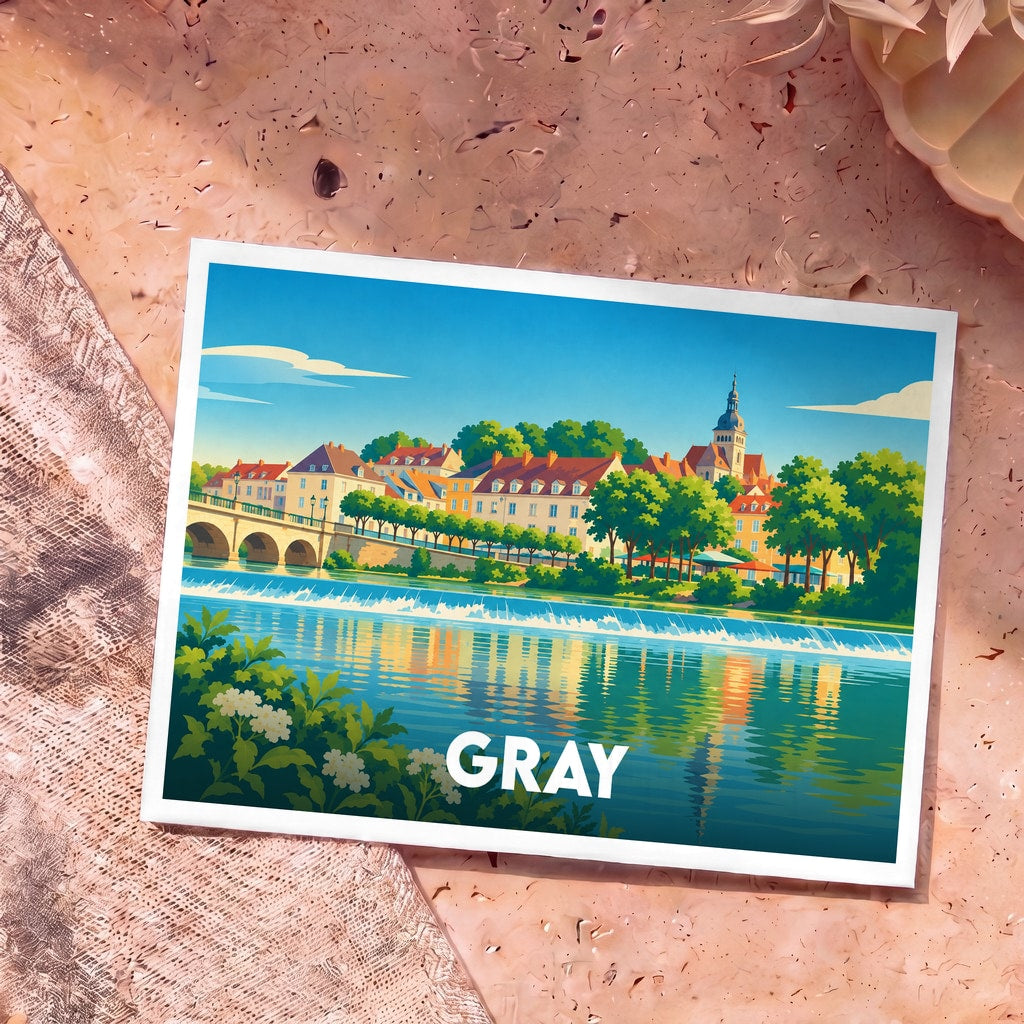 Carte postale souvenir de la ville de Gray avec une illustration stylisée des bords de Saône.