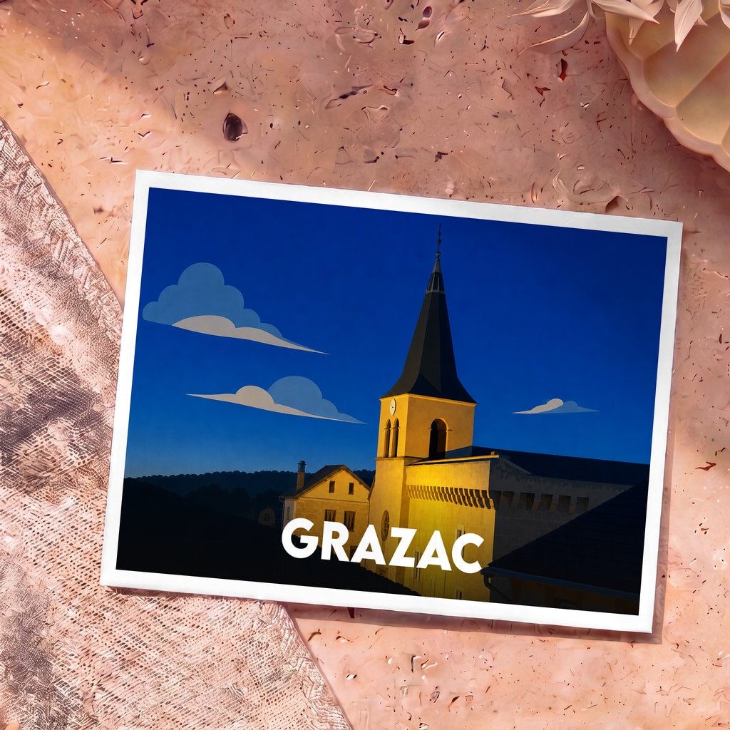 Carte postale souvenir de la ville de Grazac avec une illustration stylisée de son église au crépuscule.
