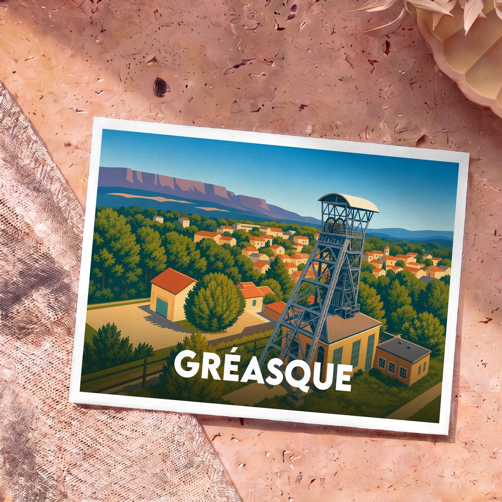 Carte postale souvenir de la ville de Gréasque avec une illustration stylisée d'un puits de mine surplombant le village.