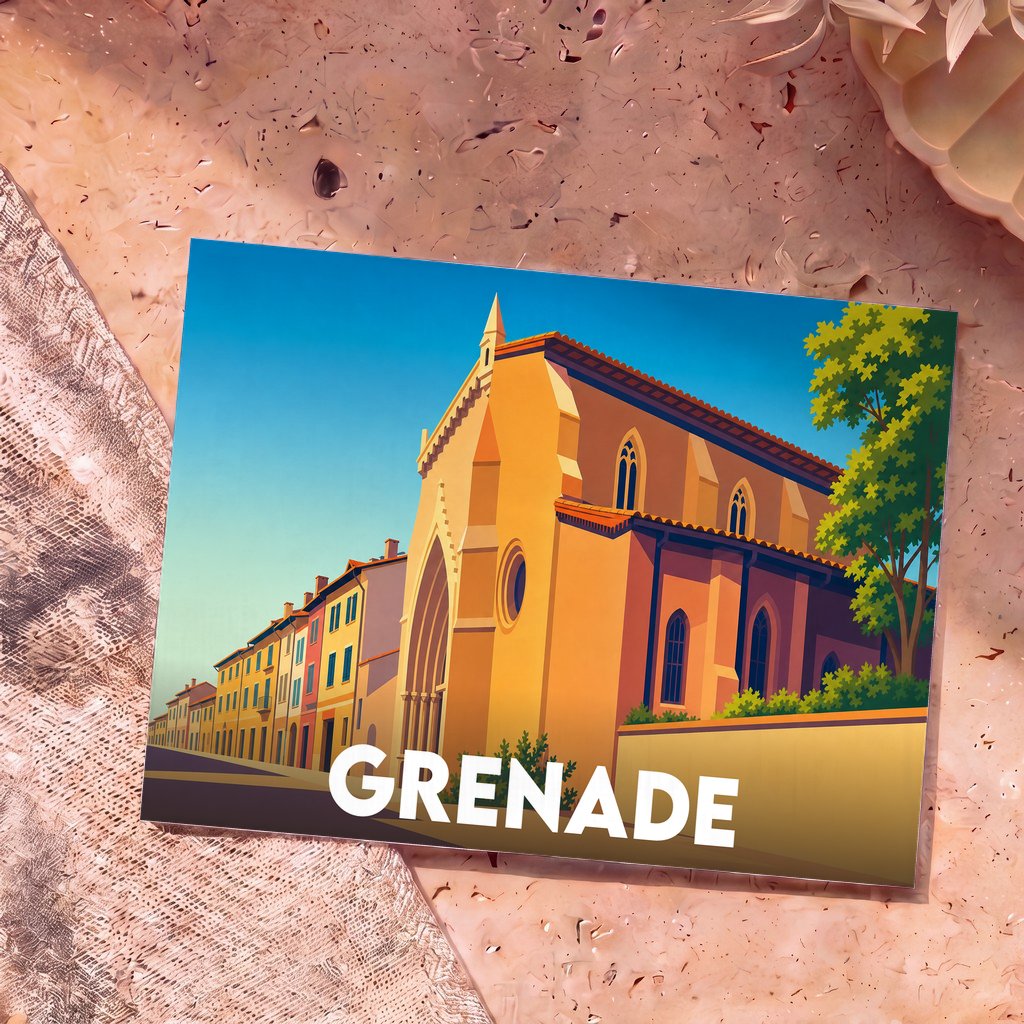 Carte postale souvenir de la ville de Grenade avec une illustration stylisée de son église gothique.