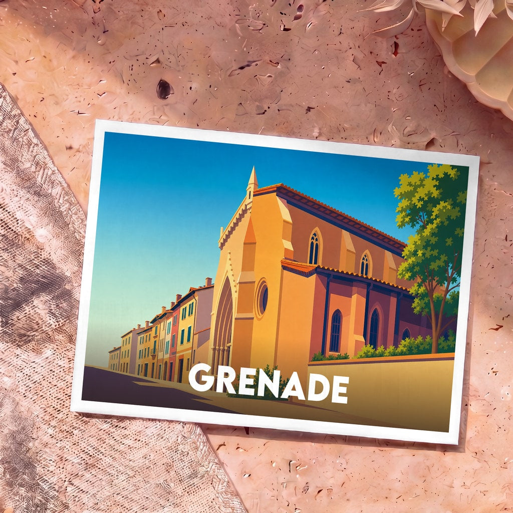 Carte postale souvenir de la ville de Grenade avec une illustration stylisée de son église gothique.