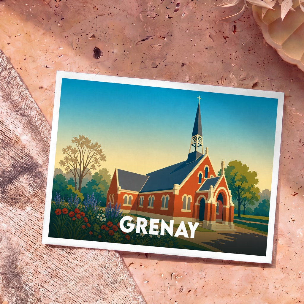 Carte postale souvenir de la ville de Grenay avec une illustration stylisée de son église et de ses jardins.