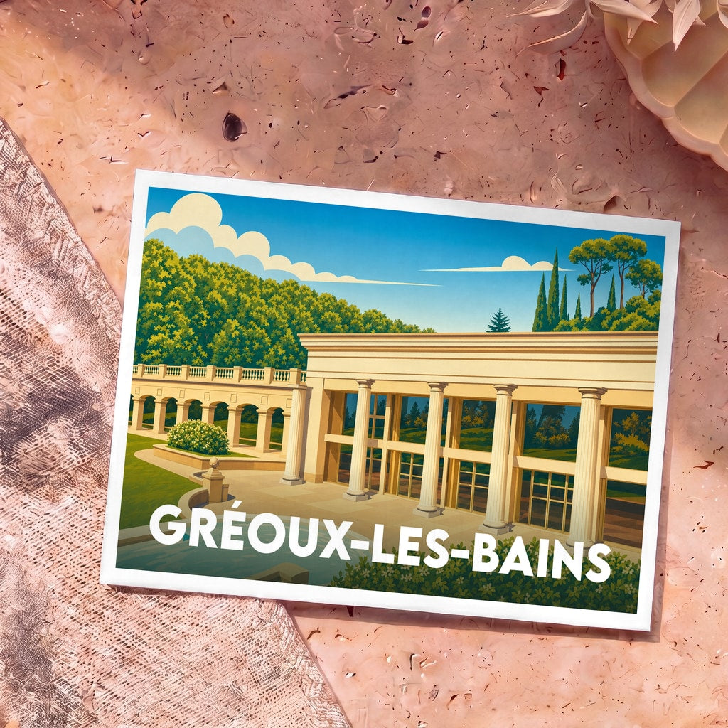 Carte postale souvenir de la ville de Gréoux-les-Bains avec une illustration stylisée de ses thermes antiques.