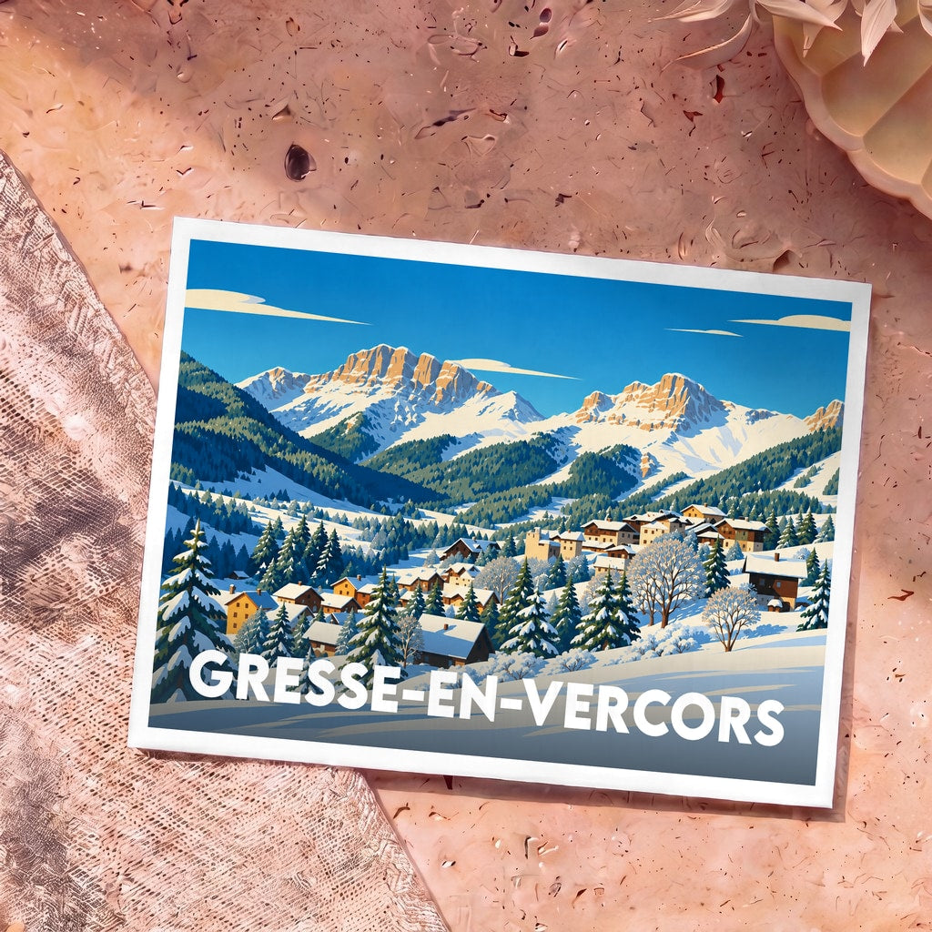 Carte postale souvenir de la ville de Gresse-en-Vercors illustrant un paysage de montagne enneigé.