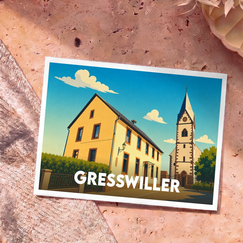 Carte postale souvenir de la ville de Gresswiller avec une illustration stylisée d'une maison alsacienne et d'une église.
